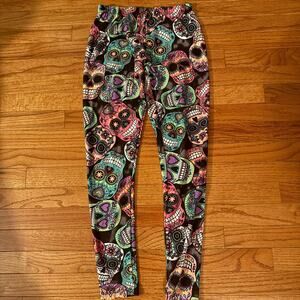 High-Waisted Colorful Sugar Skull Print Leggings -Medium